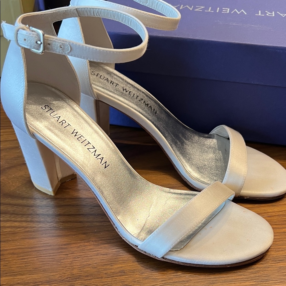 Stuart Weitzman White Nearly Nude Ankle Strap Heels